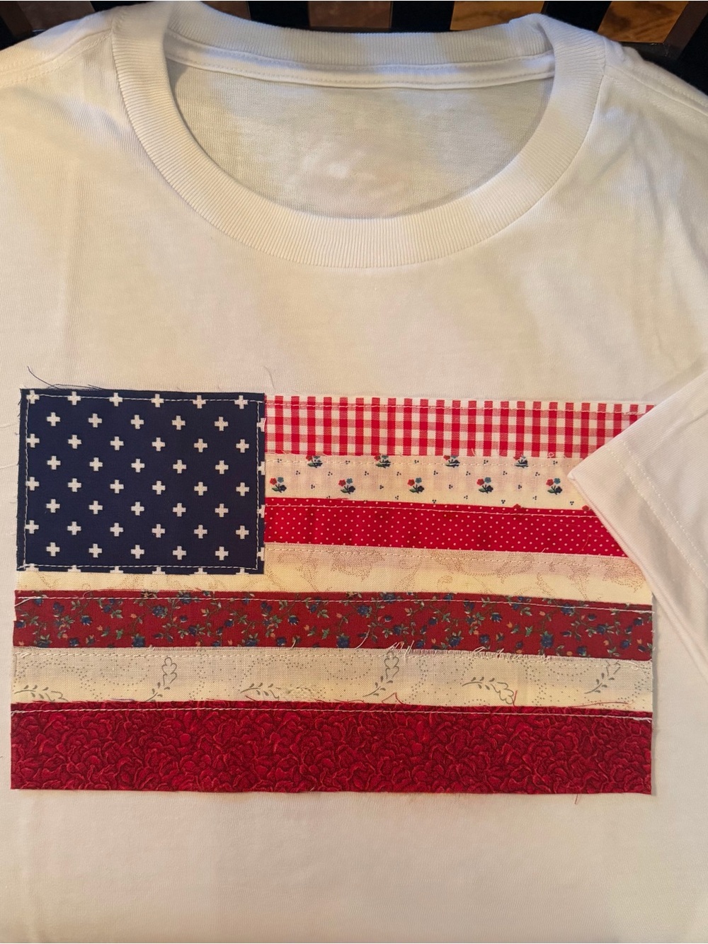 White TShirt with Red, Navy & Cream Patchwork Flag. Handmade